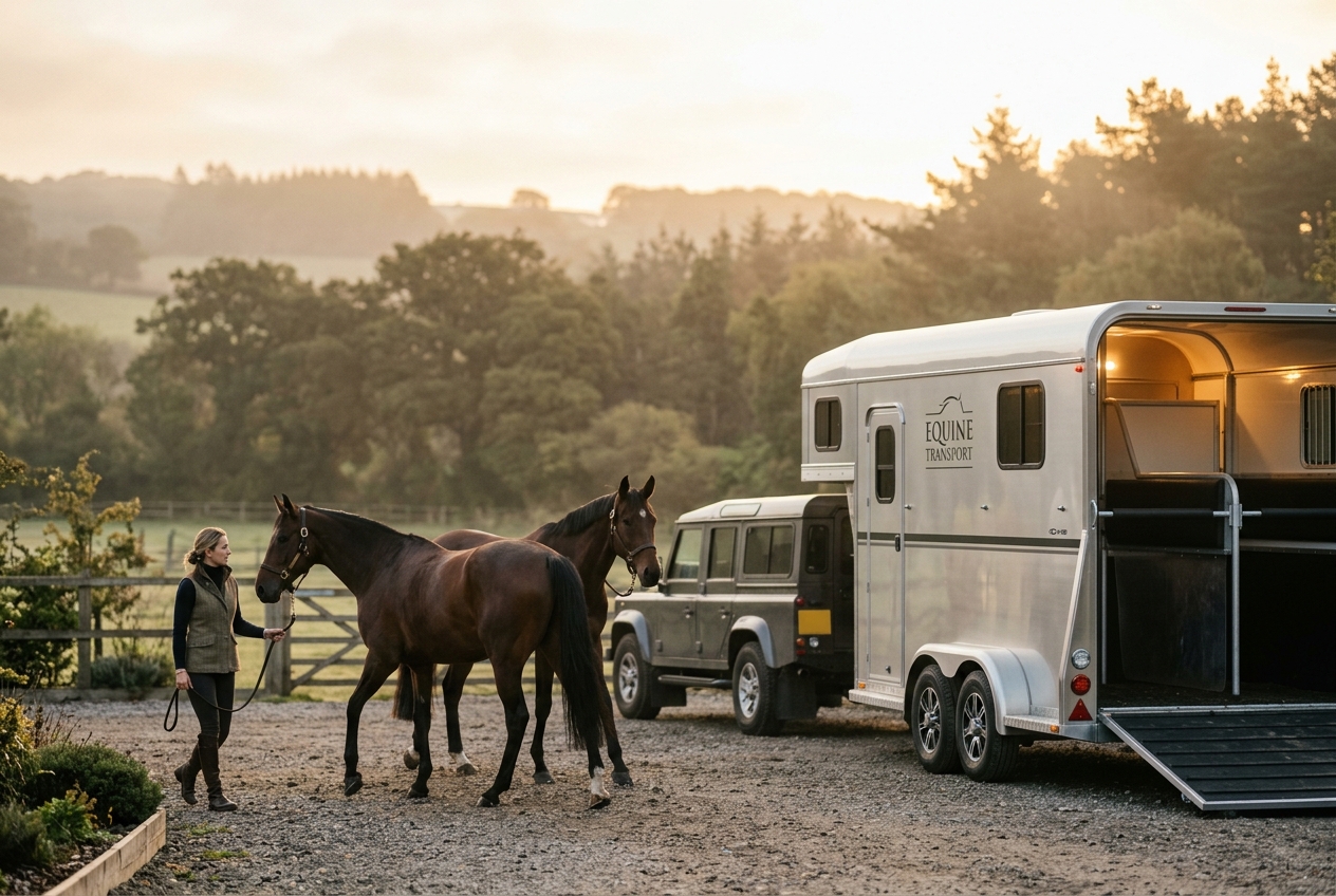 Horses being led to a modern horse float at dawn