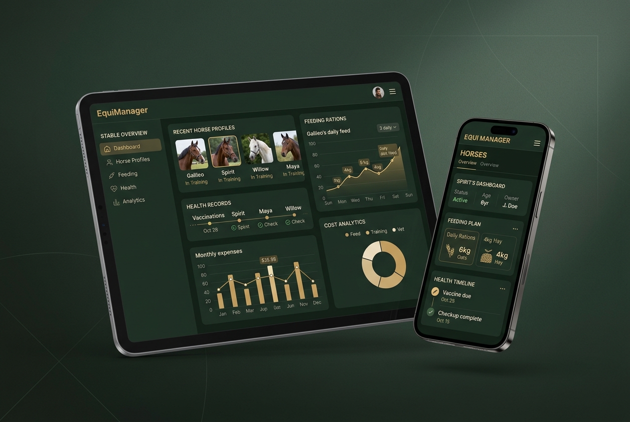 Equi-OS stable management dashboard on tablet and phone