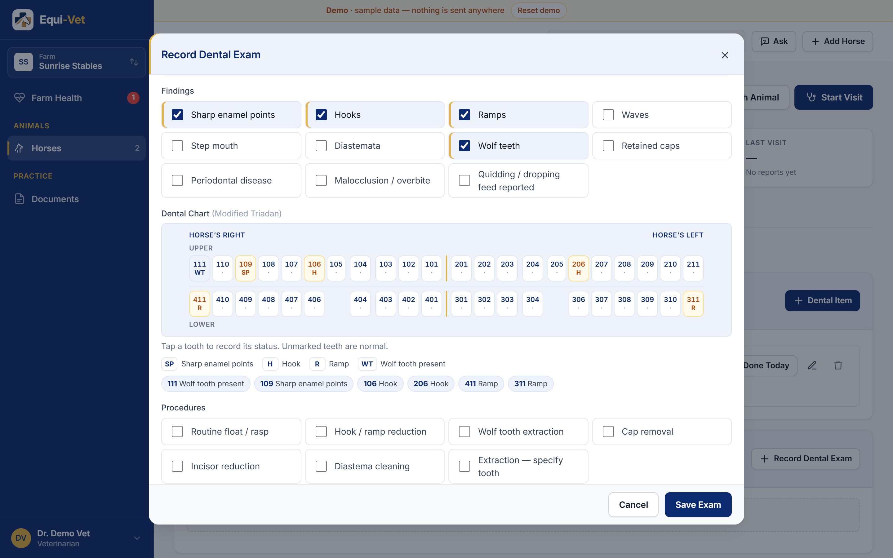 Interactive Triadan dental chart in Equi-Vet