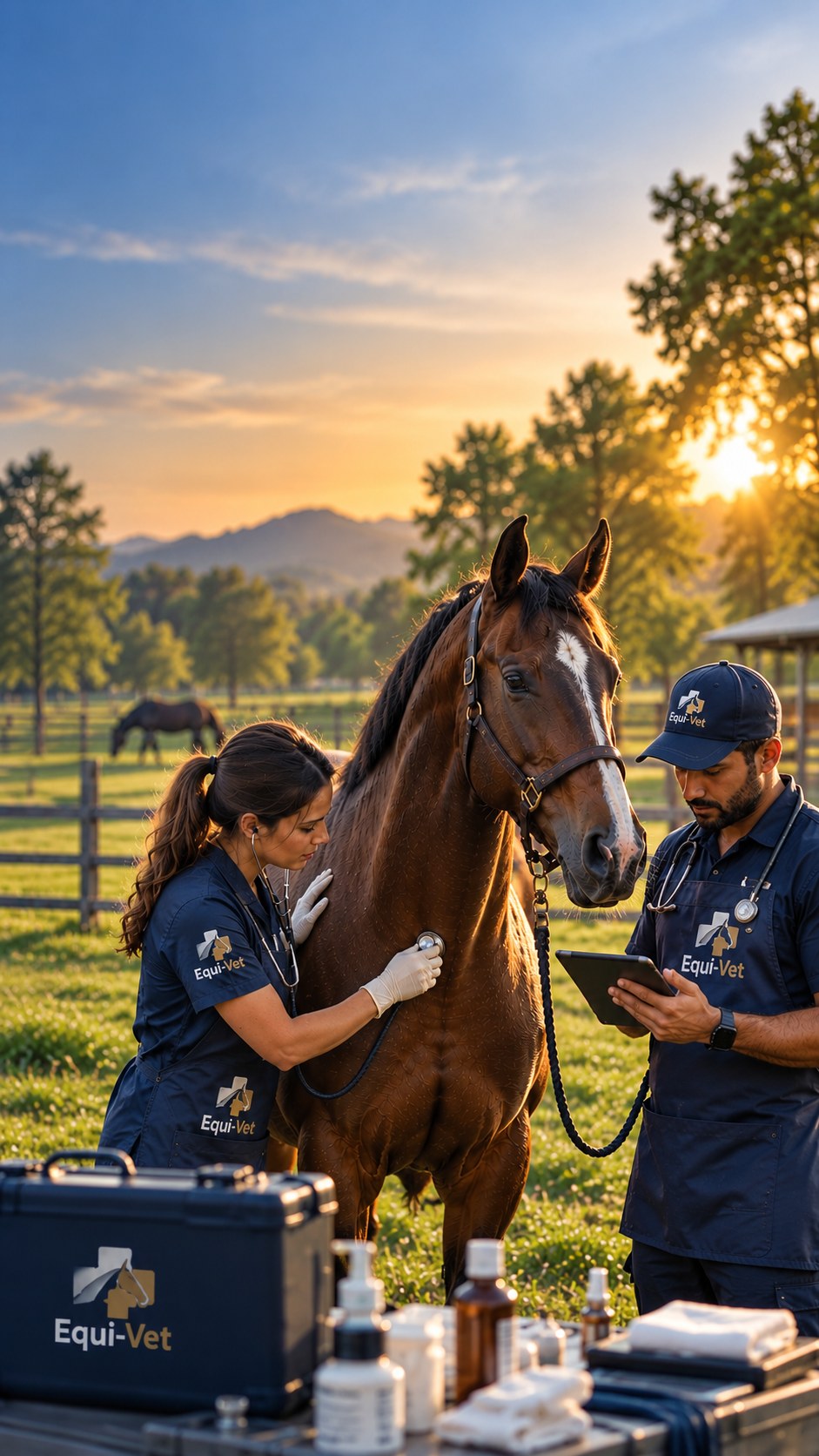 Two equine veterinarians in navy Equi-Vet uniforms examining a bay horse with a stethoscope and tablet at a farm at sunset