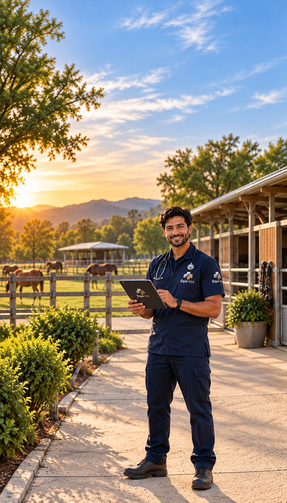 Smiling equine veterinarian in a navy Equi-Vet uniform holding a tablet at a stable
