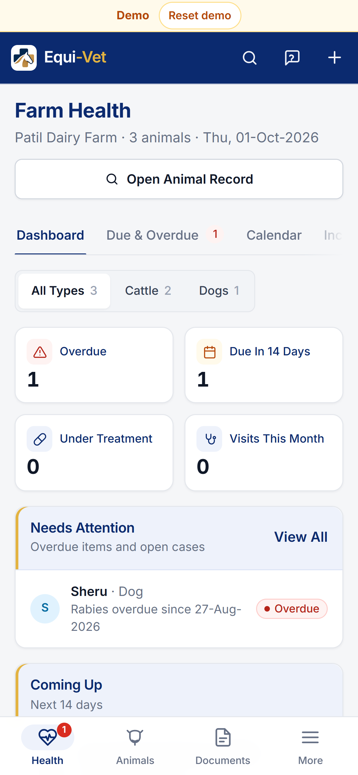 Equi-Vet farm health view on mobile
